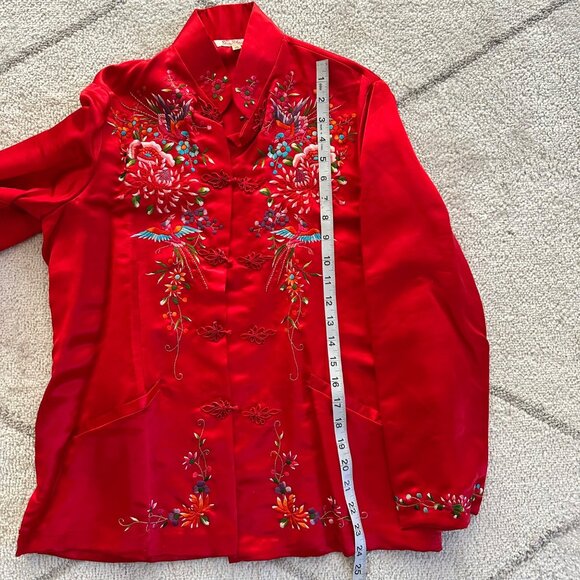 Vintage Red Satin Floral Bird Design Embroidered Chinese New Year Jacker Mandari - Picture 9 of 10